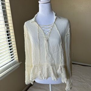 SOLD ON DEPOP Bohemian Cream Lace-Up Women's Top